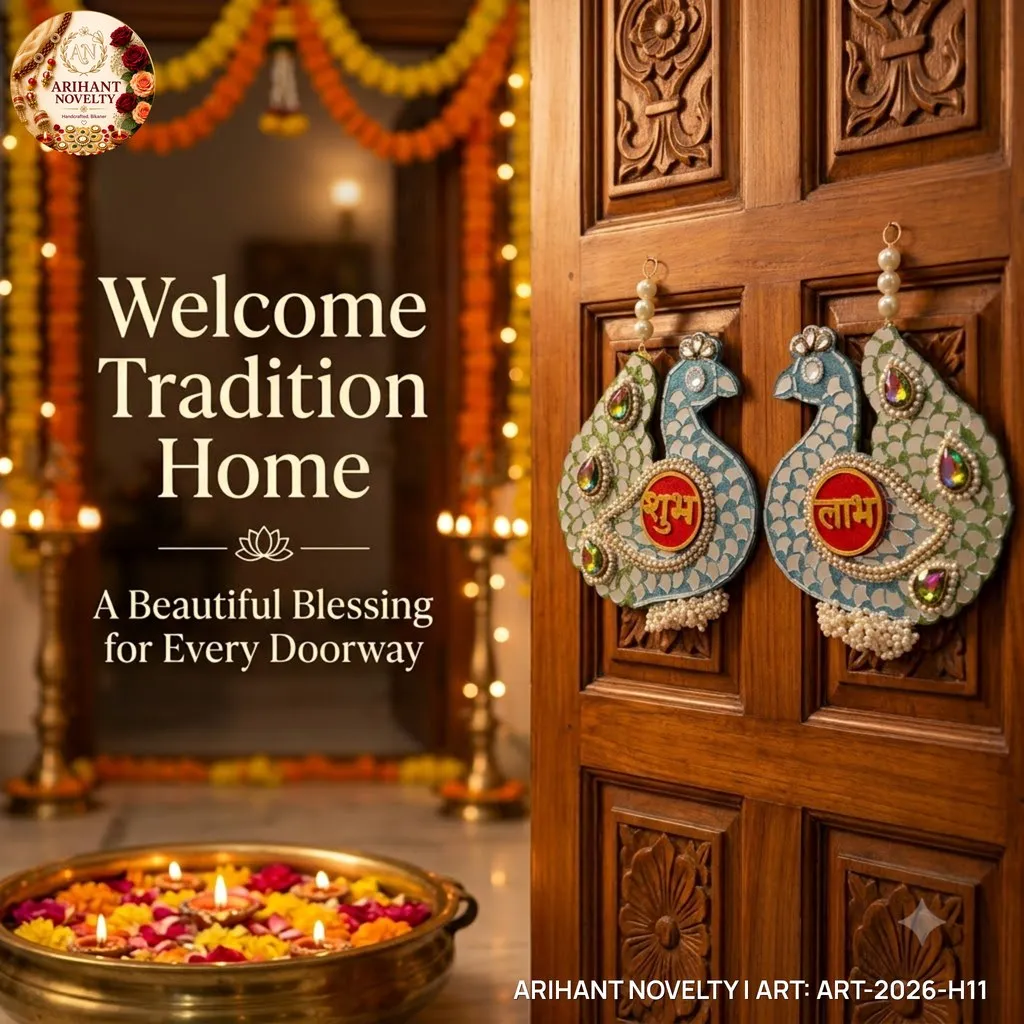 Peacock Mirror Shubh-Labh Door Hanging Pair – handmade Hangings rakhi from Bikaner by Arihant Novelty