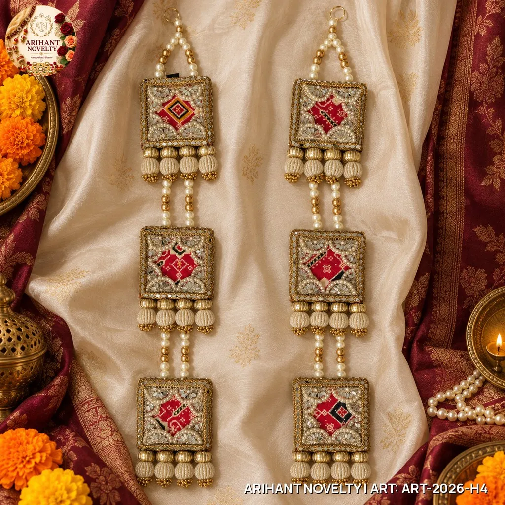 Reversible Three-Tier Square Medallion Hanging Pair – handmade Hangings rakhi from Bikaner by Arihant Novelty