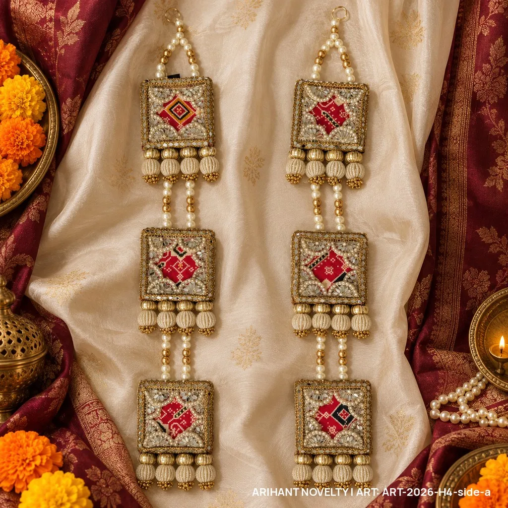 Reversible Three-Tier Square Medallion Hanging Pair – handmade Hangings rakhi from Bikaner by Arihant Novelty