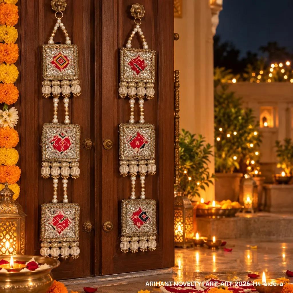 Reversible Three-Tier Square Medallion Hanging Pair – handmade Hangings rakhi from Bikaner by Arihant Novelty