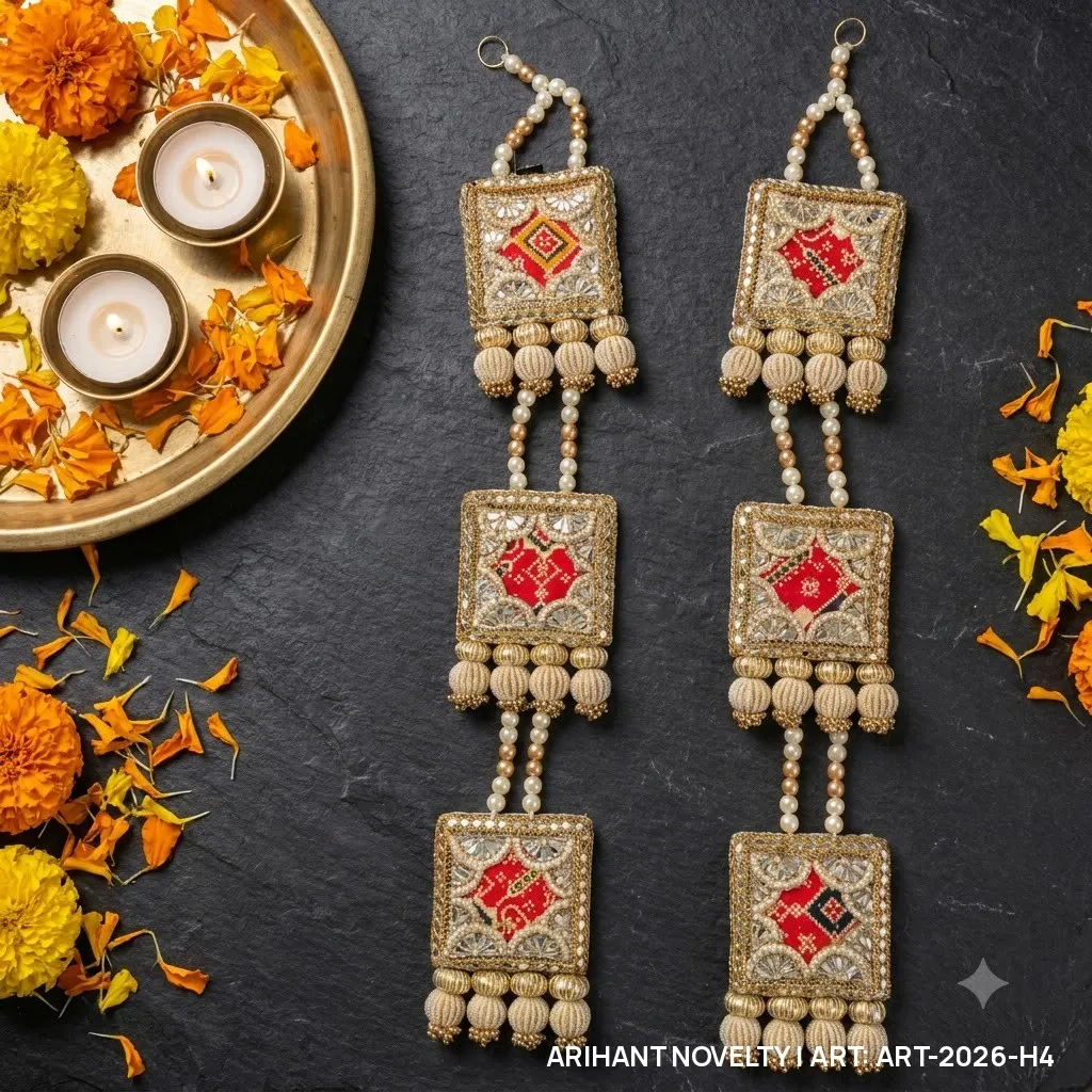 Reversible Three-Tier Square Medallion Hanging Pair – handmade Hangings rakhi from Bikaner by Arihant Novelty