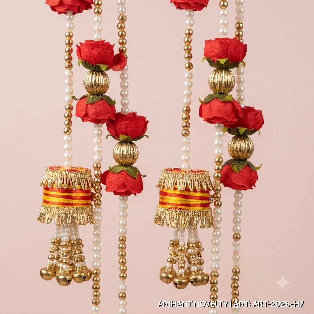 Red Rose Pearl Garland Hanging Pair – handmade Hangings rakhi from Bikaner by Arihant Novelty