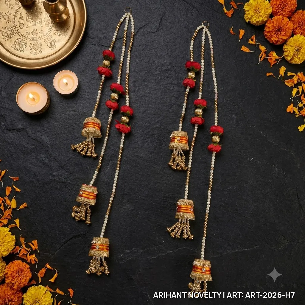 Red Rose Pearl Garland Hanging Pair – handmade Hangings rakhi from Bikaner by Arihant Novelty