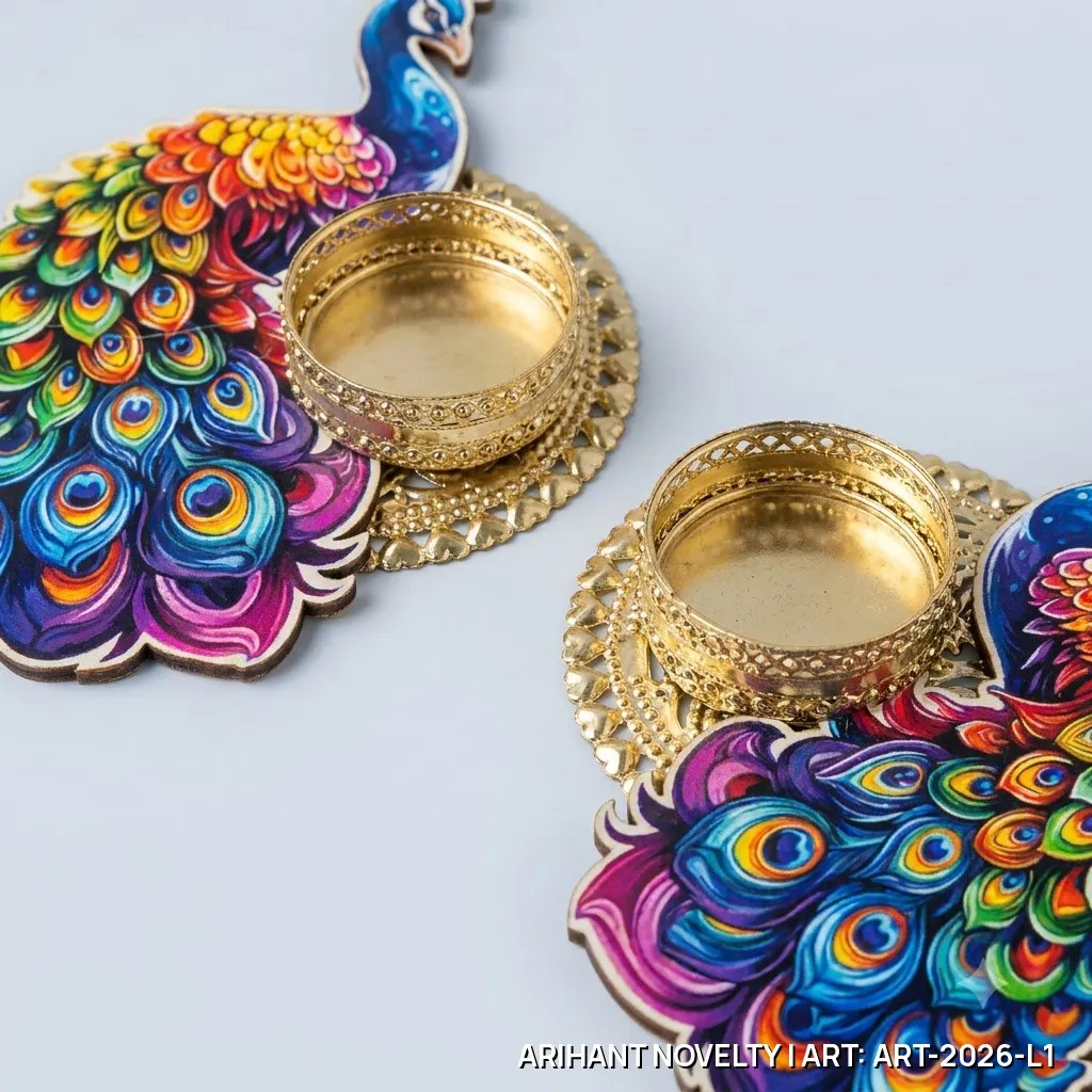 Peacock Wooden Tea-Light Holder Pair – handmade Tea Light Holder rakhi from Bikaner by Arihant Novelty