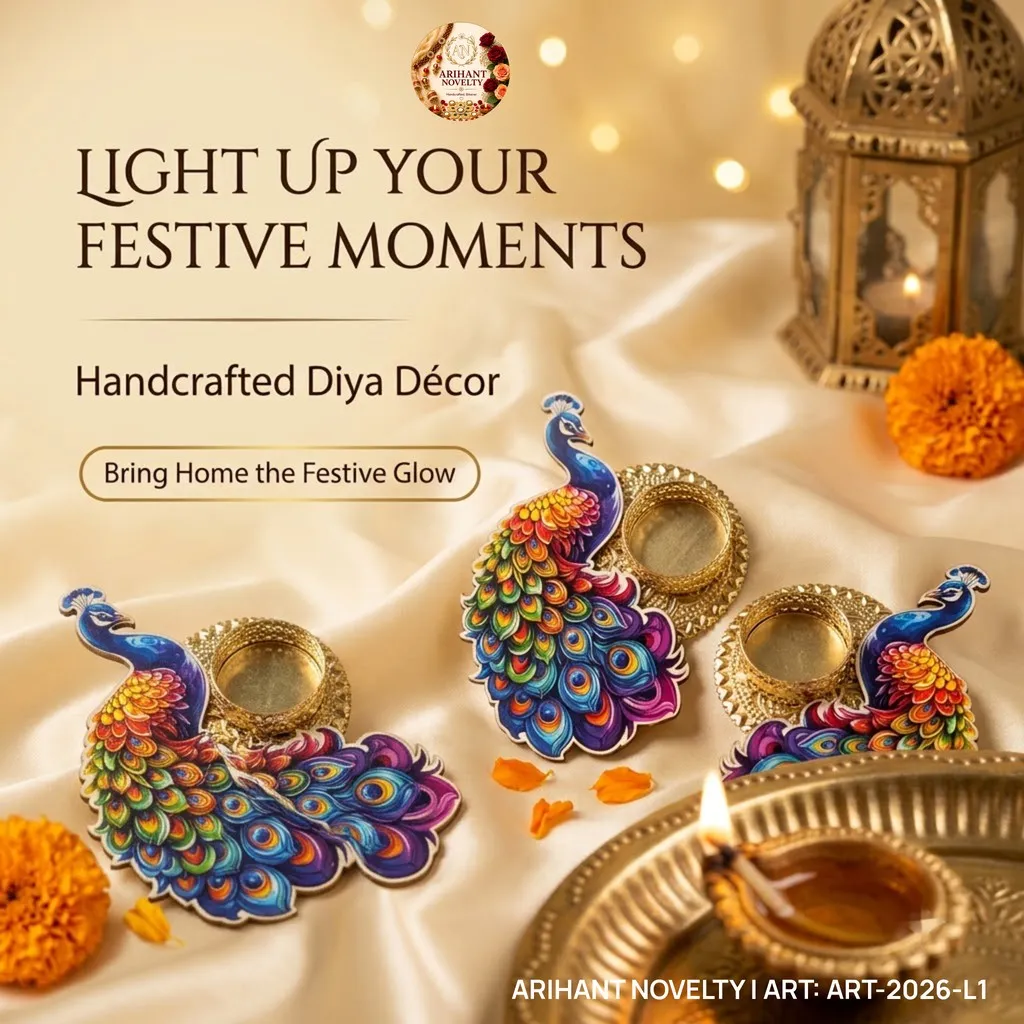 Peacock Wooden Tea-Light Holder Pair – handmade Tea Light Holder rakhi from Bikaner by Arihant Novelty