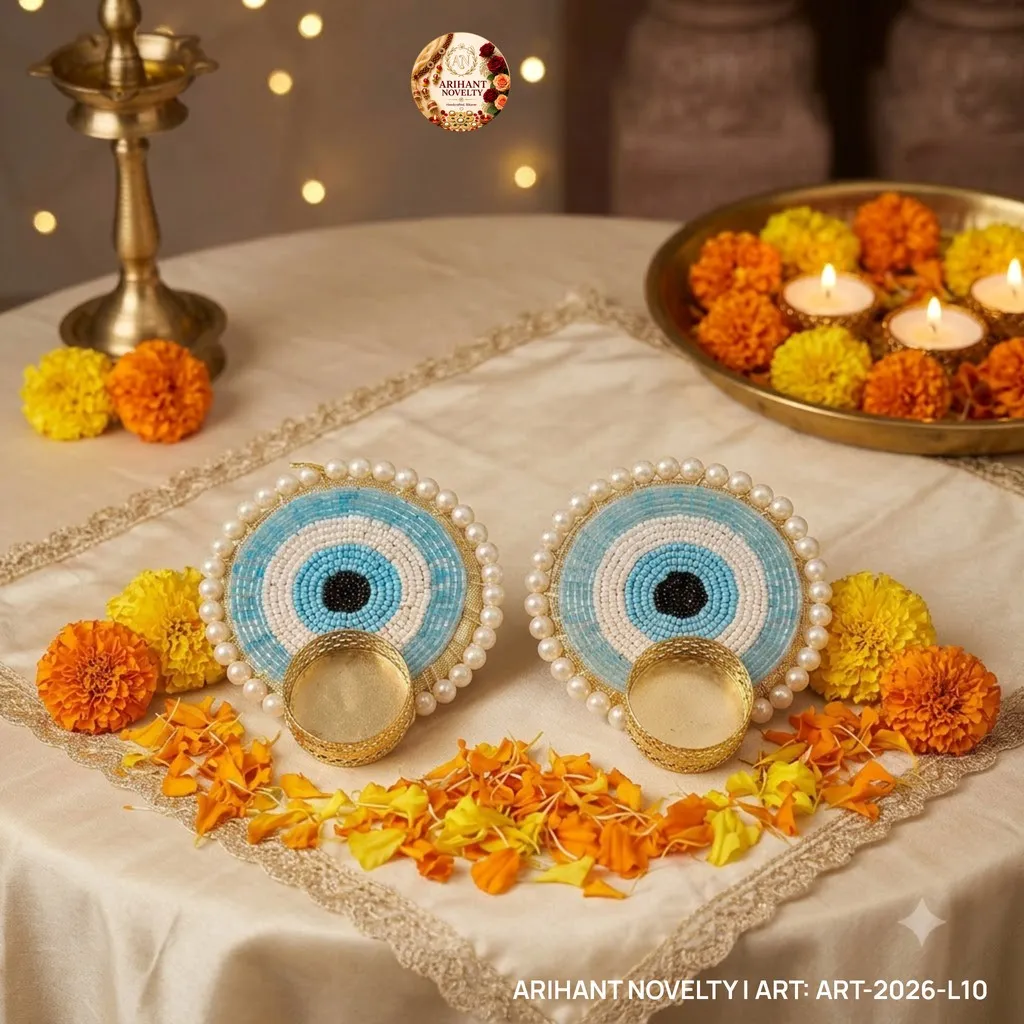 Evil Eye Pearl Border Tea-Light Holder Pair – handmade Tea Light Holder rakhi from Bikaner by Arihant Novelty