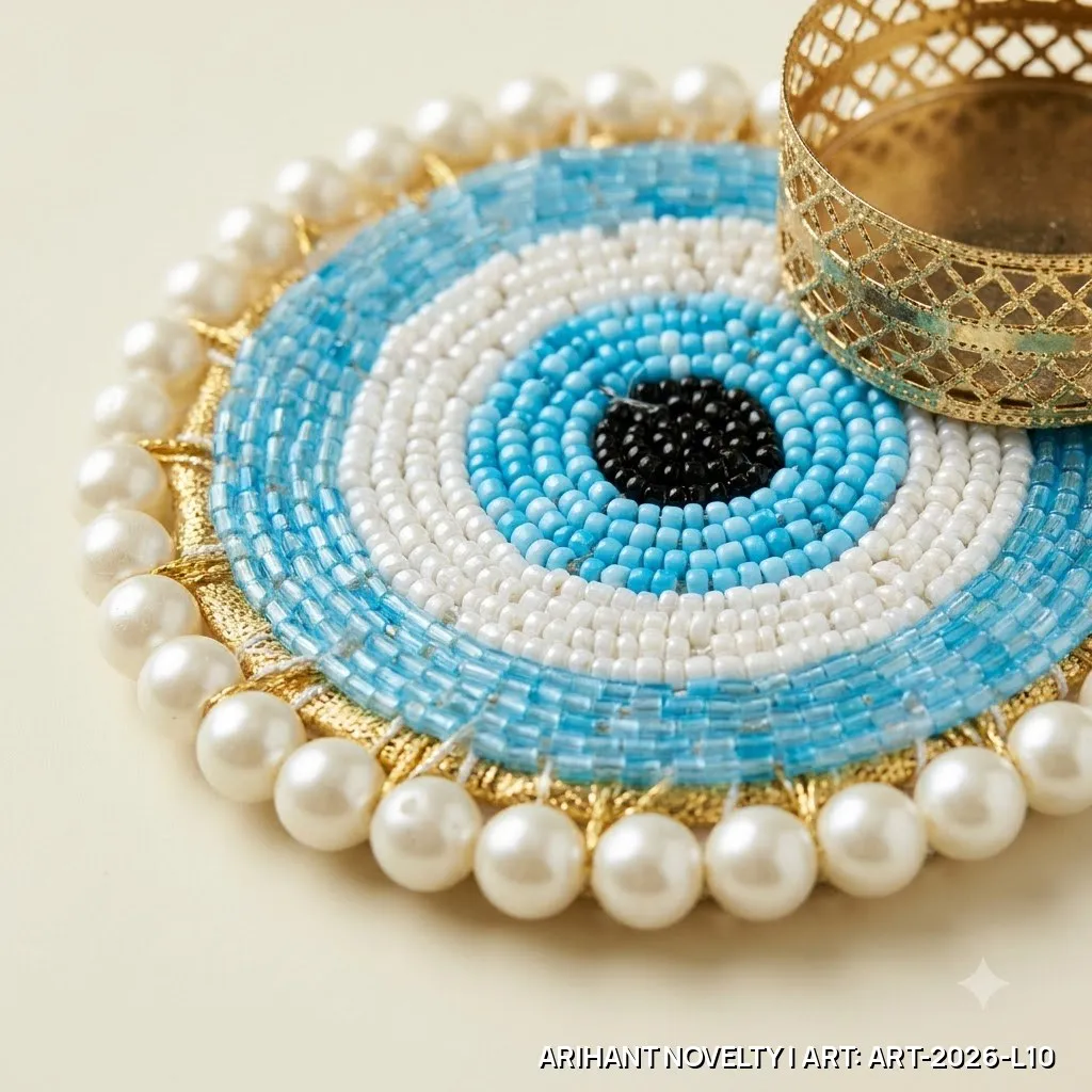 Evil Eye Pearl Border Tea-Light Holder Pair – handmade Tea Light Holder rakhi from Bikaner by Arihant Novelty