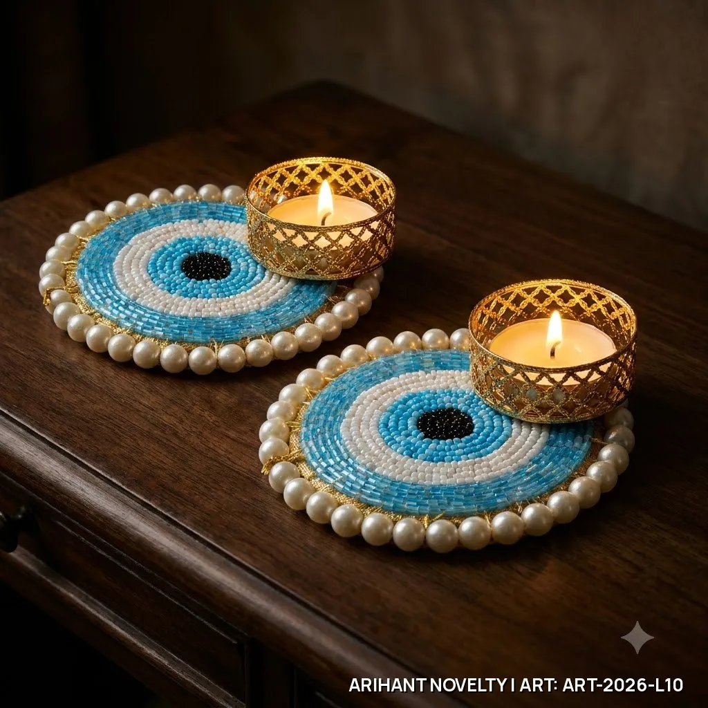 Evil Eye Pearl Border Tea-Light Holder Pair – handmade Tea Light Holder rakhi from Bikaner by Arihant Novelty