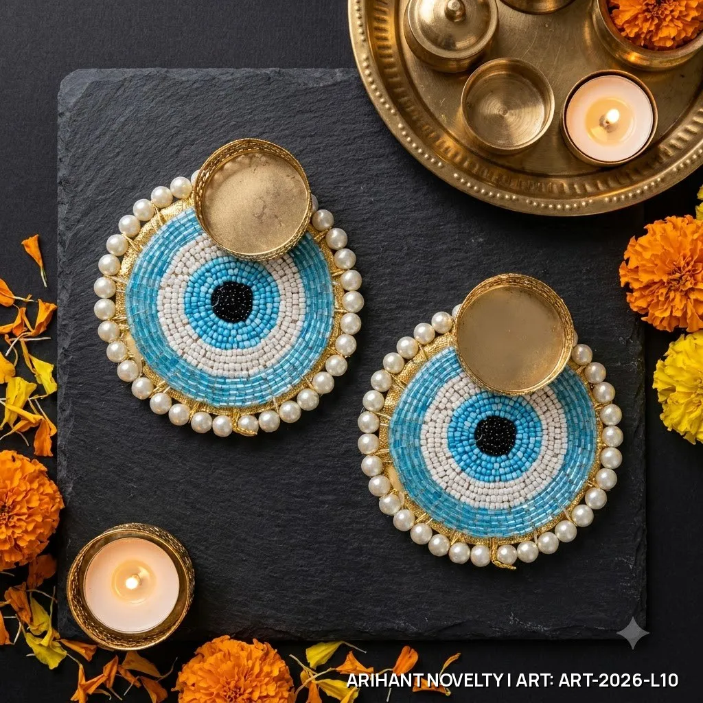 Evil Eye Pearl Border Tea-Light Holder Pair – handmade Tea Light Holder rakhi from Bikaner by Arihant Novelty