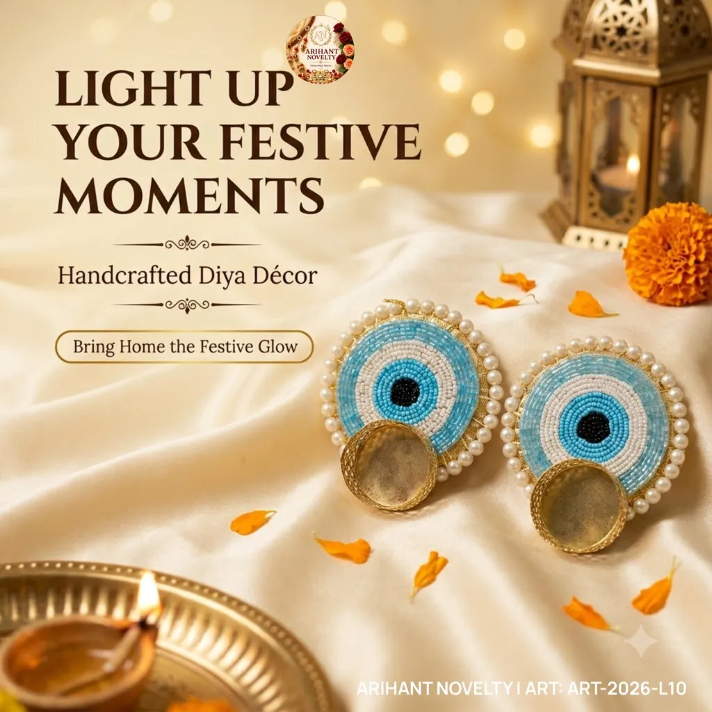 Evil Eye Pearl Border Tea-Light Holder Pair – handmade Tea Light Holder rakhi from Bikaner by Arihant Novelty