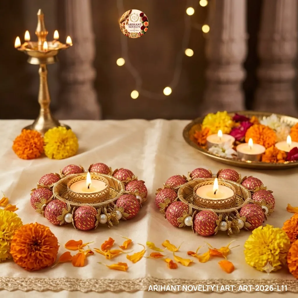 Coral Bead Cluster Tea-Light Holder Pair – handmade Tea Light Holder rakhi from Bikaner by Arihant Novelty
