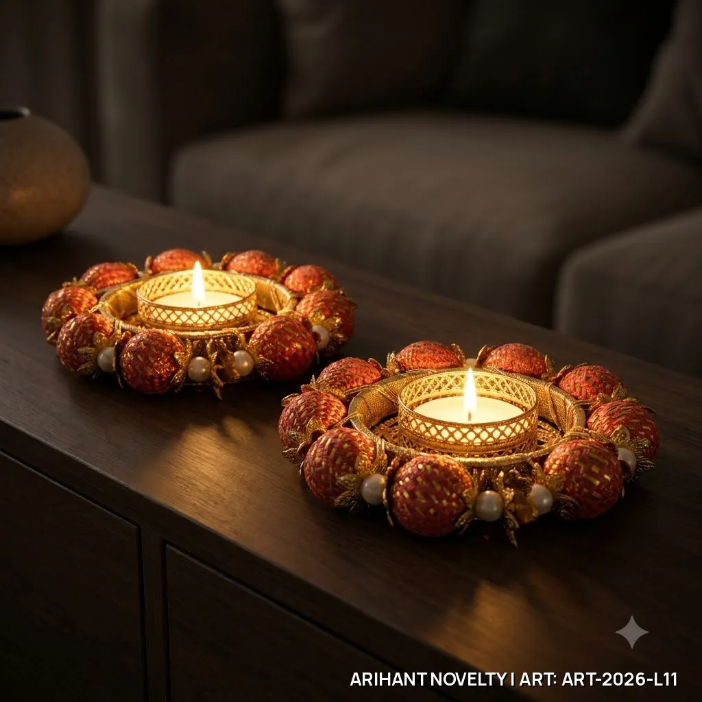 Coral Bead Cluster Tea-Light Holder Pair – handmade Tea Light Holder rakhi from Bikaner by Arihant Novelty