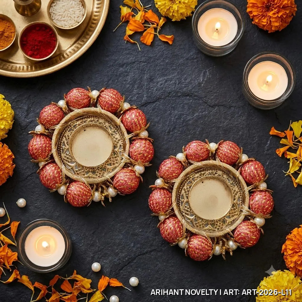 Coral Bead Cluster Tea-Light Holder Pair – handmade Tea Light Holder rakhi from Bikaner by Arihant Novelty