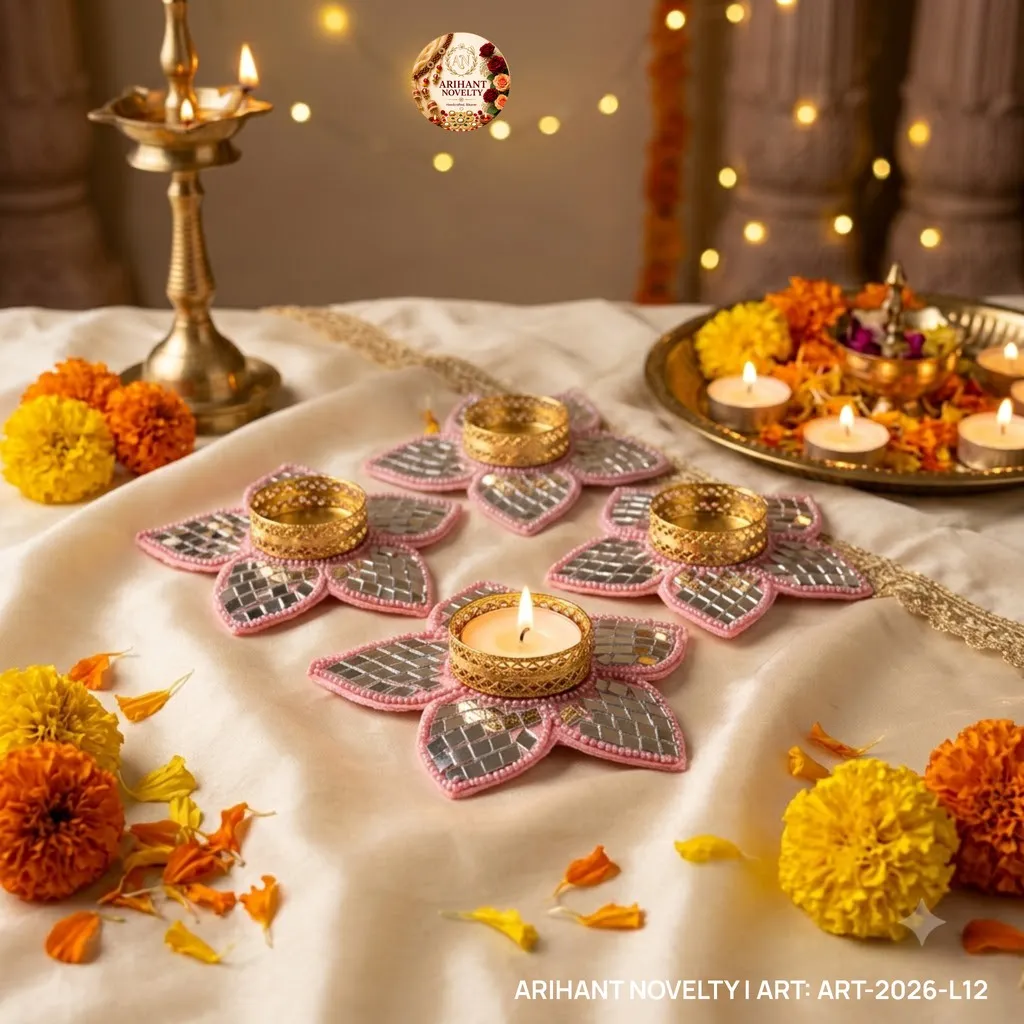Silver Mirror Petal Tea-Light Holder Set of 4 – handmade Tea Light Holder rakhi from Bikaner by Arihant Novelty