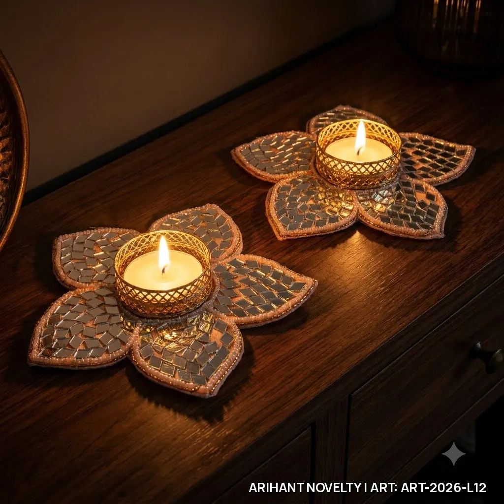 Silver Mirror Petal Tea-Light Holder Set of 4 – handmade Tea Light Holder rakhi from Bikaner by Arihant Novelty