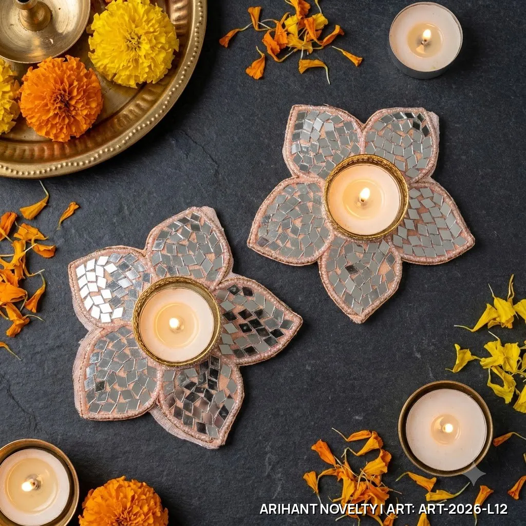Silver Mirror Petal Tea-Light Holder Set of 4 – handmade Tea Light Holder rakhi from Bikaner by Arihant Novelty
