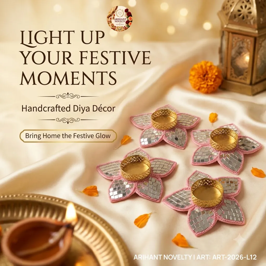 Silver Mirror Petal Tea-Light Holder Set of 4 – handmade Tea Light Holder rakhi from Bikaner by Arihant Novelty