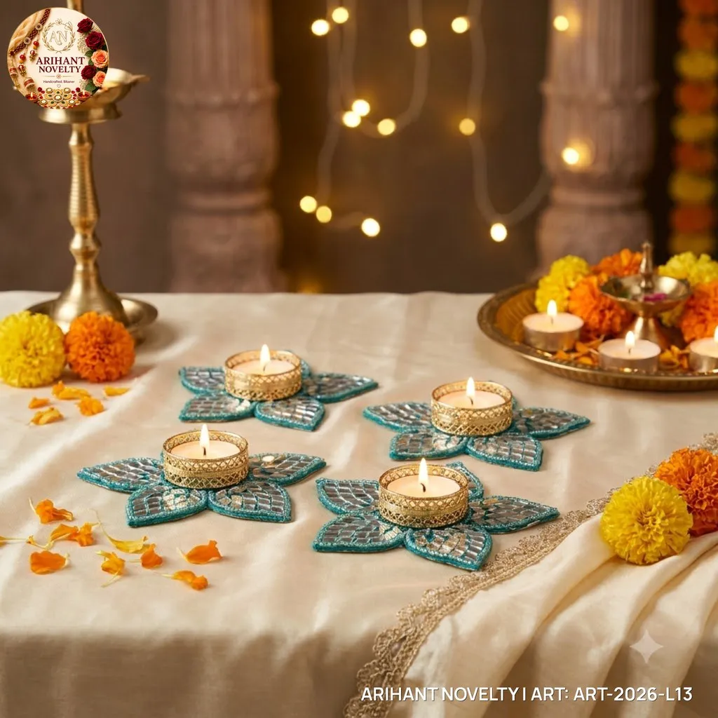Turquoise Mirror Flower Tea-Light Holder, Set of 4 – handmade Tea Light Holder rakhi from Bikaner by Arihant Novelty