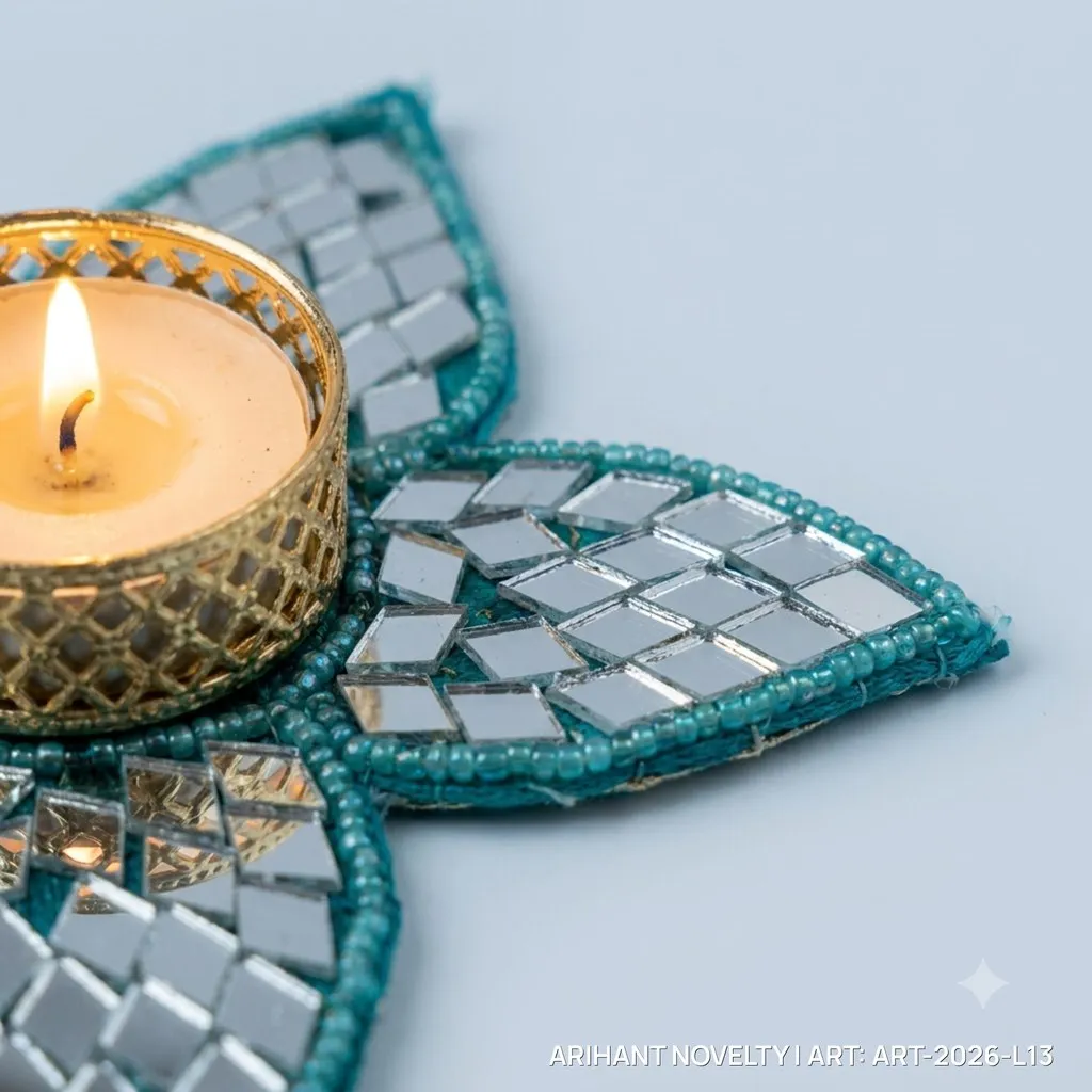 Turquoise Mirror Flower Tea-Light Holder, Set of 4 – handmade Tea Light Holder rakhi from Bikaner by Arihant Novelty