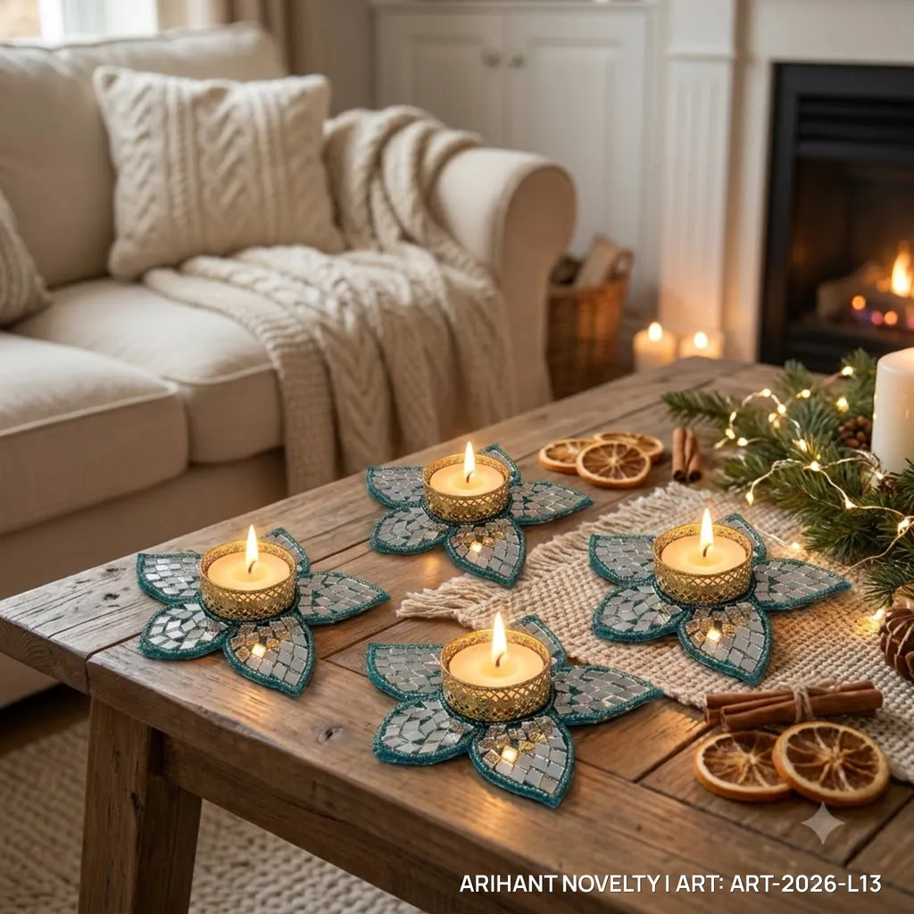 Turquoise Mirror Flower Tea-Light Holder, Set of 4 – handmade Tea Light Holder rakhi from Bikaner by Arihant Novelty