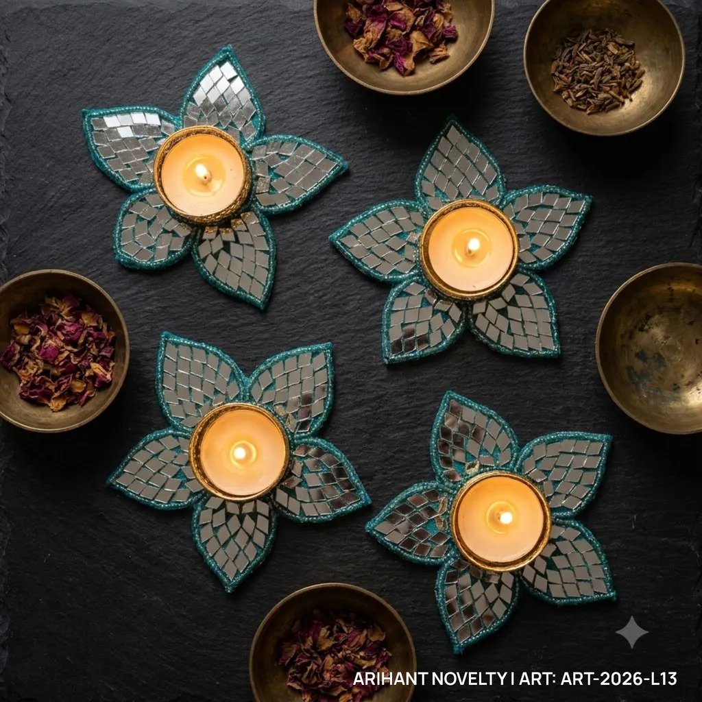 Turquoise Mirror Flower Tea-Light Holder, Set of 4 – handmade Tea Light Holder rakhi from Bikaner by Arihant Novelty