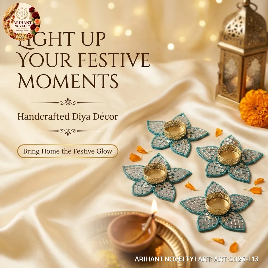 Turquoise Mirror Flower Tea-Light Holder, Set of 4 – handmade Tea Light Holder rakhi from Bikaner by Arihant Novelty