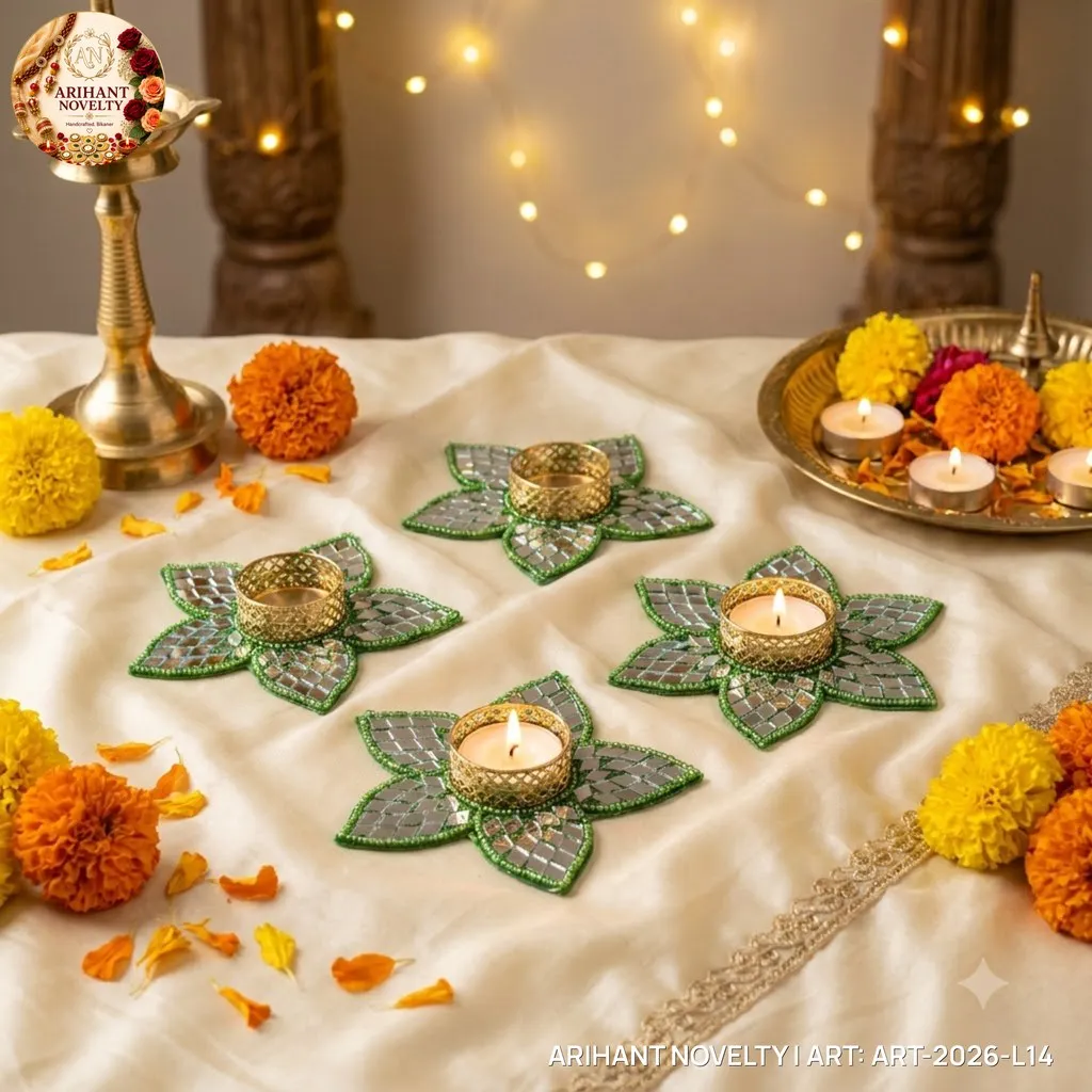 Green Mirror Flower Tea-Light Holder, Set of 4 – handmade Tea Light Holder rakhi from Bikaner by Arihant Novelty