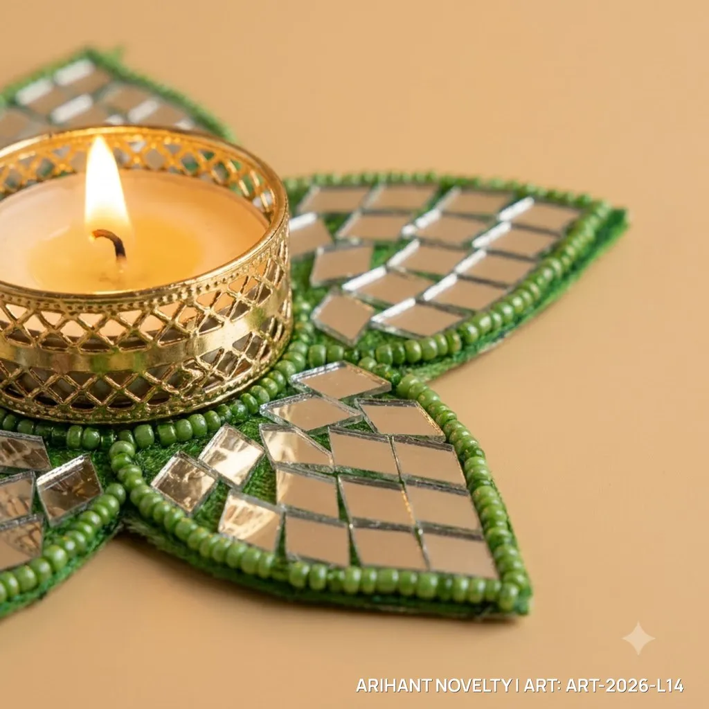 Green Mirror Flower Tea-Light Holder, Set of 4 – handmade Tea Light Holder rakhi from Bikaner by Arihant Novelty