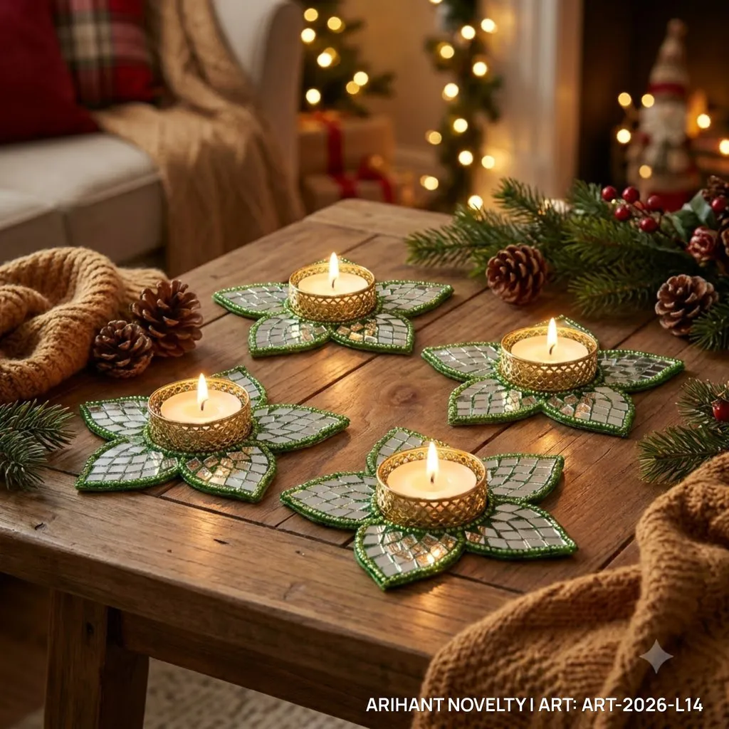 Green Mirror Flower Tea-Light Holder, Set of 4 – handmade Tea Light Holder rakhi from Bikaner by Arihant Novelty