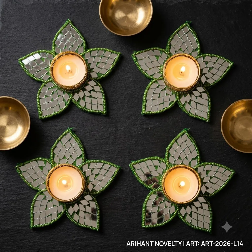 Green Mirror Flower Tea-Light Holder, Set of 4 – handmade Tea Light Holder rakhi from Bikaner by Arihant Novelty