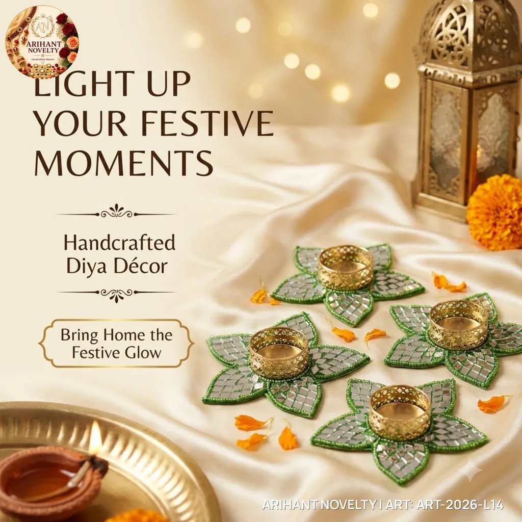 Green Mirror Flower Tea-Light Holder, Set of 4 – handmade Tea Light Holder rakhi from Bikaner by Arihant Novelty