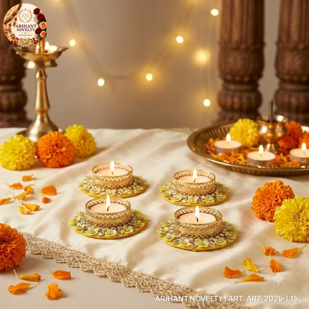Yellow Floral Pearl Tea-Light Holder, Set of 4 – handmade Tea Light Holder rakhi from Bikaner by Arihant Novelty