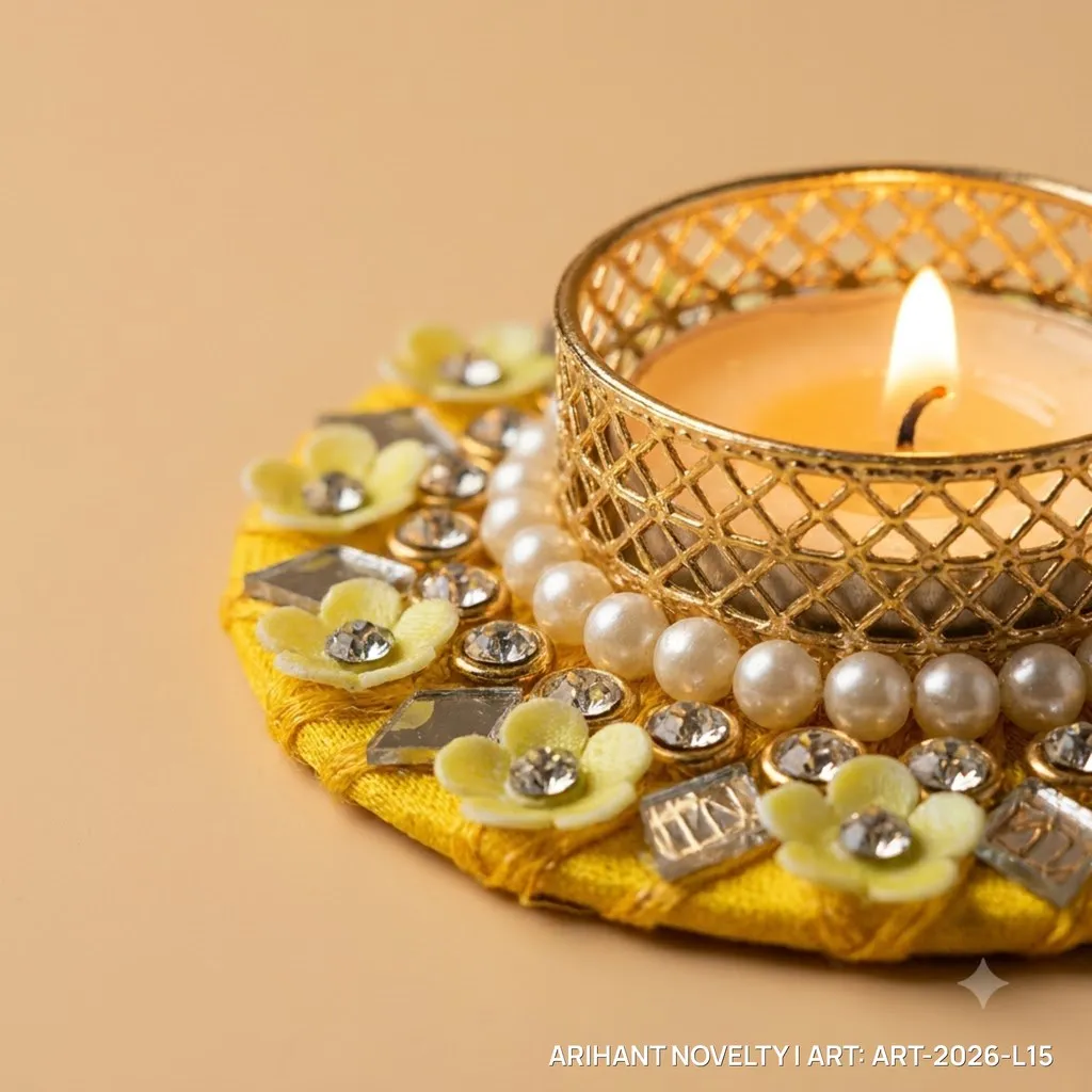Yellow Floral Pearl Tea-Light Holder, Set of 4 – handmade Tea Light Holder rakhi from Bikaner by Arihant Novelty
