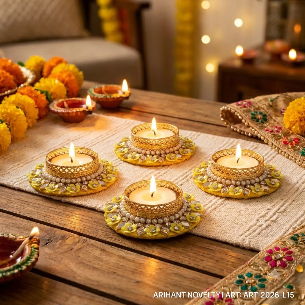 Yellow Floral Pearl Tea-Light Holder, Set of 4 – handmade Tea Light Holder rakhi from Bikaner by Arihant Novelty