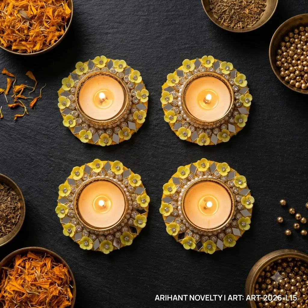 Yellow Floral Pearl Tea-Light Holder, Set of 4 – handmade Tea Light Holder rakhi from Bikaner by Arihant Novelty