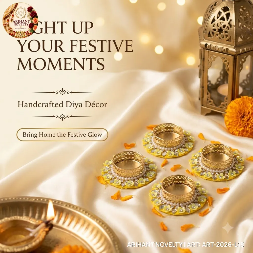 Yellow Floral Pearl Tea-Light Holder, Set of 4 – handmade Tea Light Holder rakhi from Bikaner by Arihant Novelty
