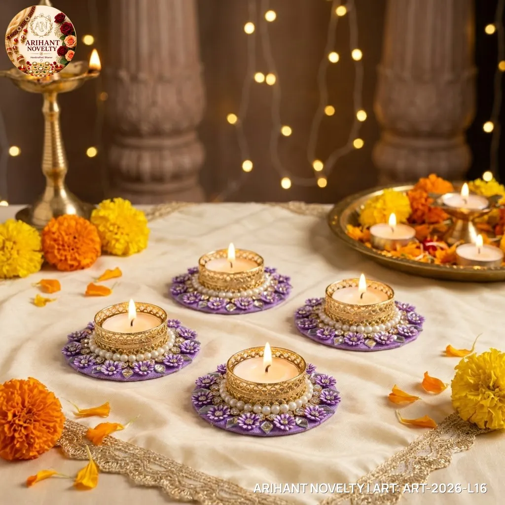 Purple Floral Pearl Tea-Light Holder, Set of 4 – handmade Tea Light Holder rakhi from Bikaner by Arihant Novelty