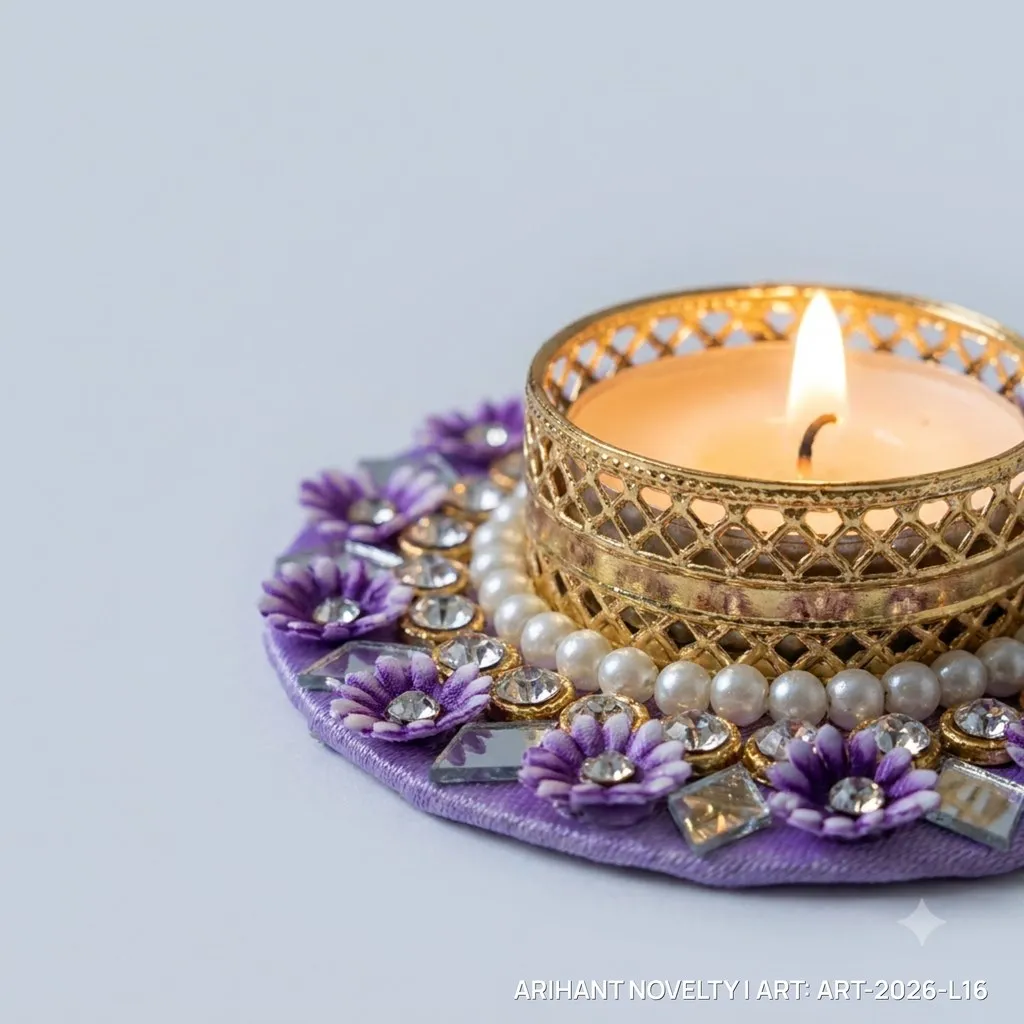 Purple Floral Pearl Tea-Light Holder, Set of 4 – handmade Tea Light Holder rakhi from Bikaner by Arihant Novelty