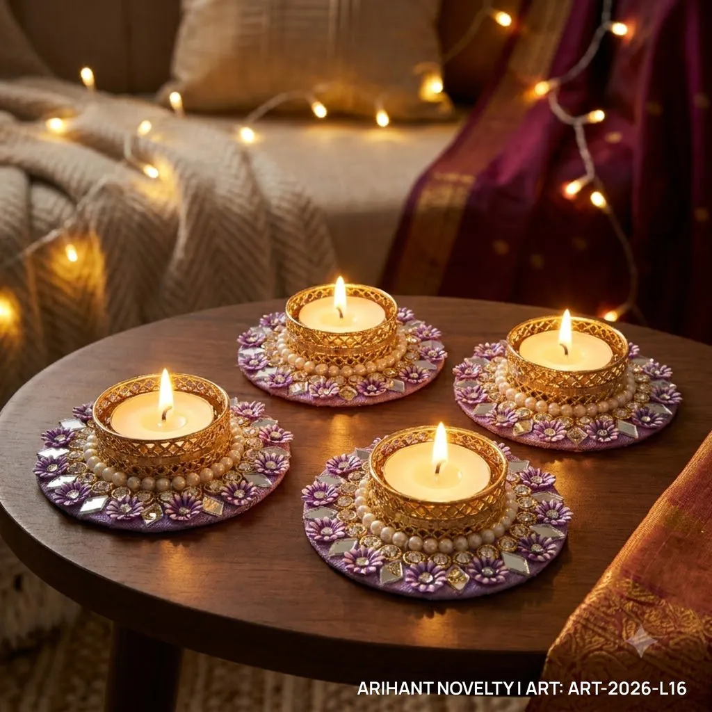 Purple Floral Pearl Tea-Light Holder, Set of 4 – handmade Tea Light Holder rakhi from Bikaner by Arihant Novelty