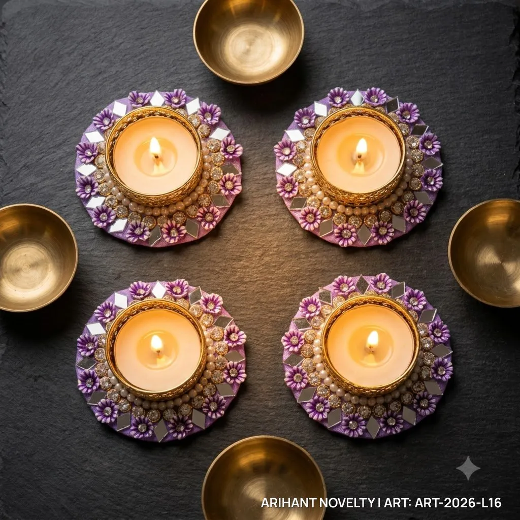 Purple Floral Pearl Tea-Light Holder, Set of 4 – handmade Tea Light Holder rakhi from Bikaner by Arihant Novelty