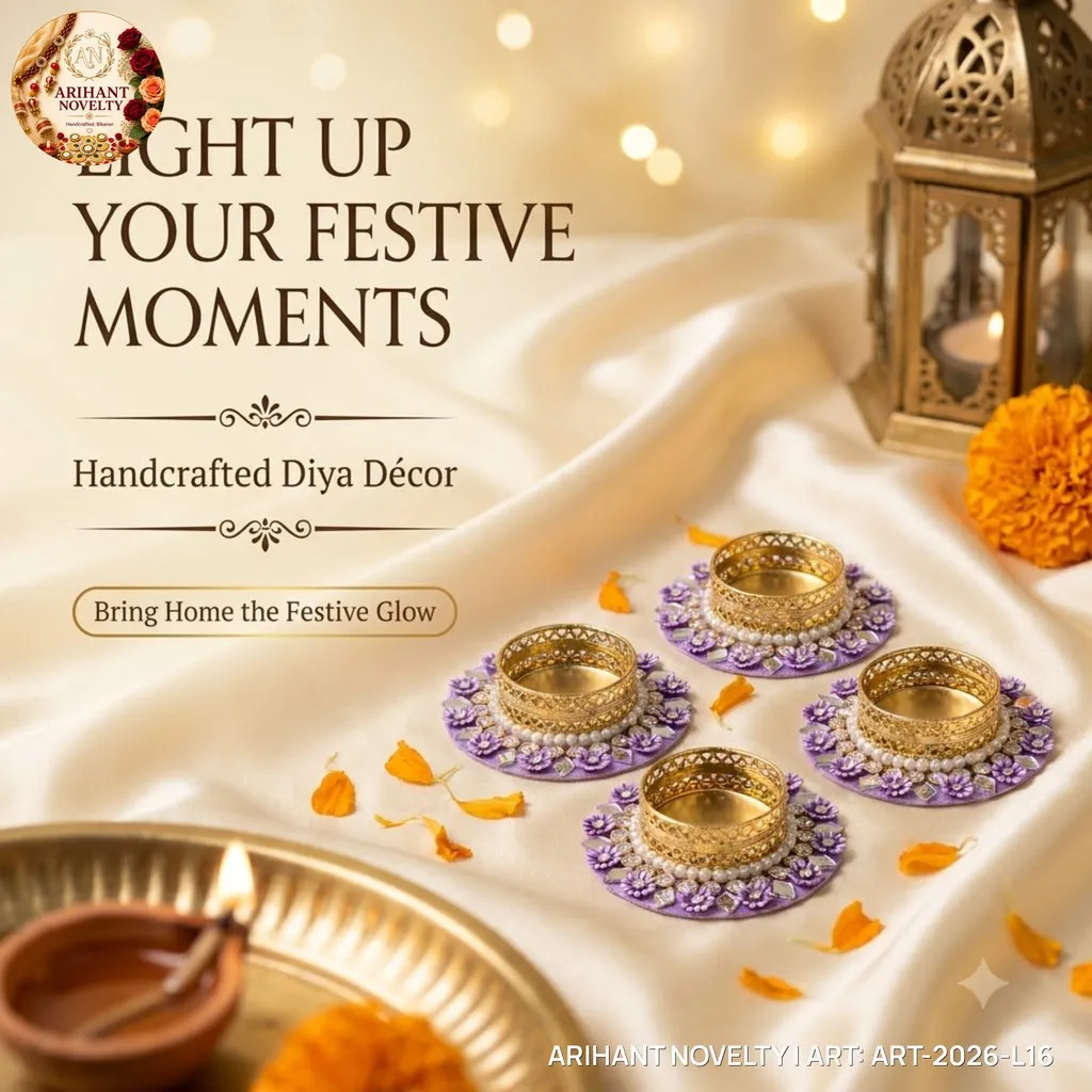 Purple Floral Pearl Tea-Light Holder, Set of 4 – handmade Tea Light Holder rakhi from Bikaner by Arihant Novelty
