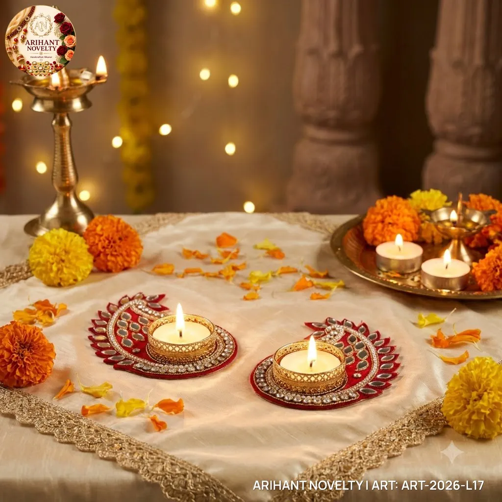 Red Mirror Paisley Tea-Light Holder Pair – handmade Tea Light Holder rakhi from Bikaner by Arihant Novelty
