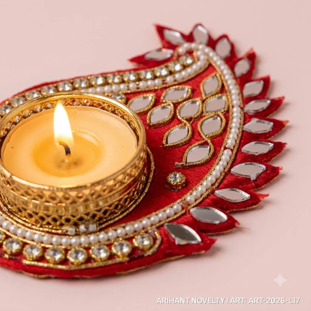 Red Mirror Paisley Tea-Light Holder Pair – handmade Tea Light Holder rakhi from Bikaner by Arihant Novelty