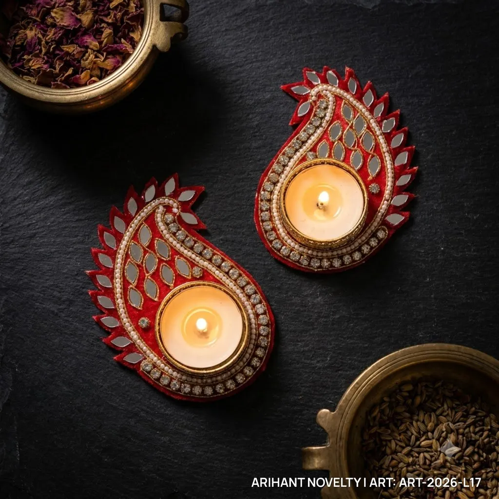 Red Mirror Paisley Tea-Light Holder Pair – handmade Tea Light Holder rakhi from Bikaner by Arihant Novelty