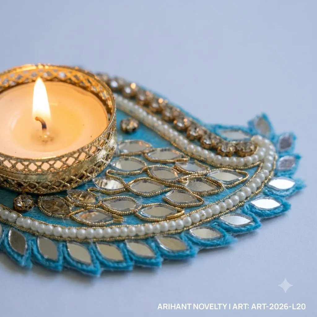 Sky Blue Mirror Paisley Tea-Light Holder Pair – handmade Tea Light Holder rakhi from Bikaner by Arihant Novelty