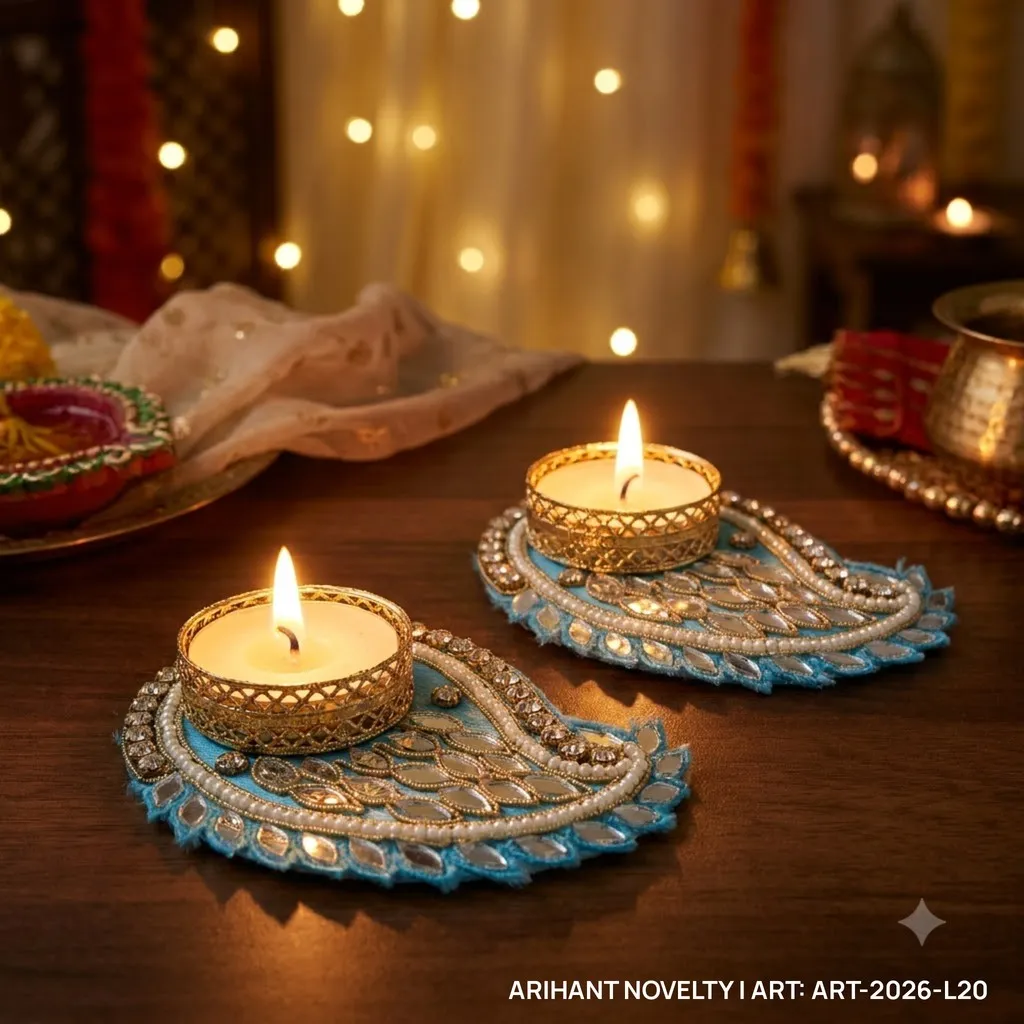 Sky Blue Mirror Paisley Tea-Light Holder Pair – handmade Tea Light Holder rakhi from Bikaner by Arihant Novelty