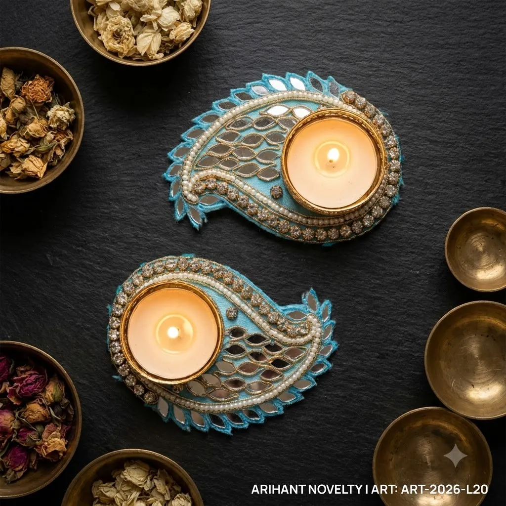 Sky Blue Mirror Paisley Tea-Light Holder Pair – handmade Tea Light Holder rakhi from Bikaner by Arihant Novelty