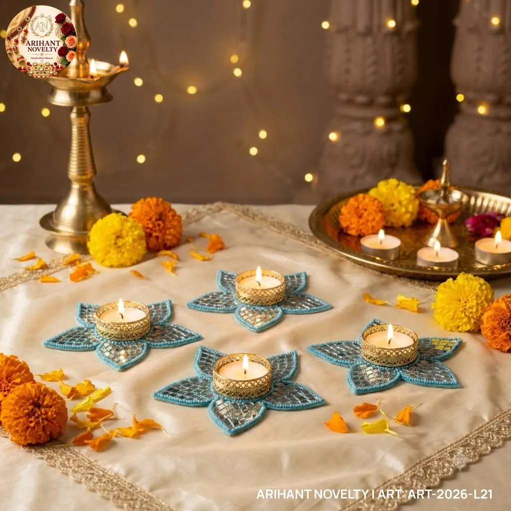 Sky Blue Mirror Flower Tea-Light Holder, Set of 4 – handmade Tea Light Holder rakhi from Bikaner by Arihant Novelty
