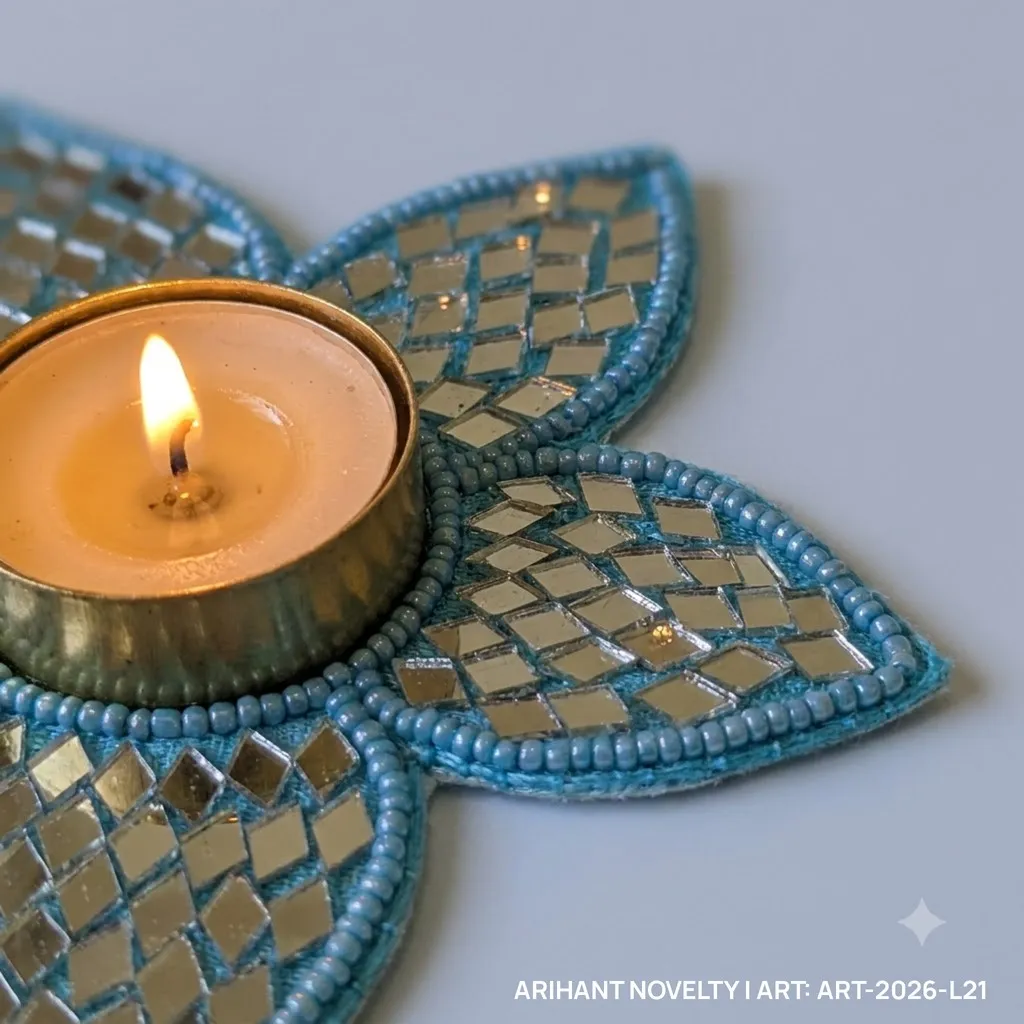 Sky Blue Mirror Flower Tea-Light Holder, Set of 4 – handmade Tea Light Holder rakhi from Bikaner by Arihant Novelty