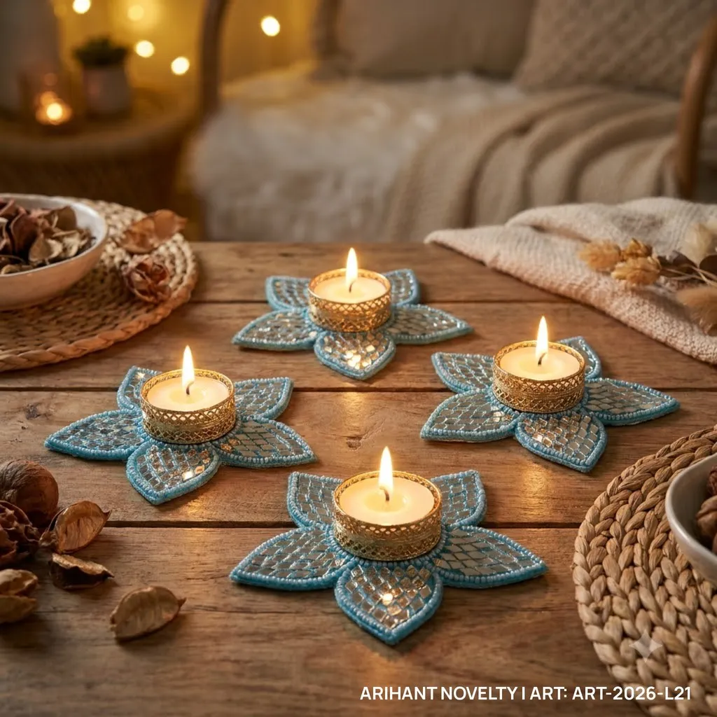 Sky Blue Mirror Flower Tea-Light Holder, Set of 4 – handmade Tea Light Holder rakhi from Bikaner by Arihant Novelty